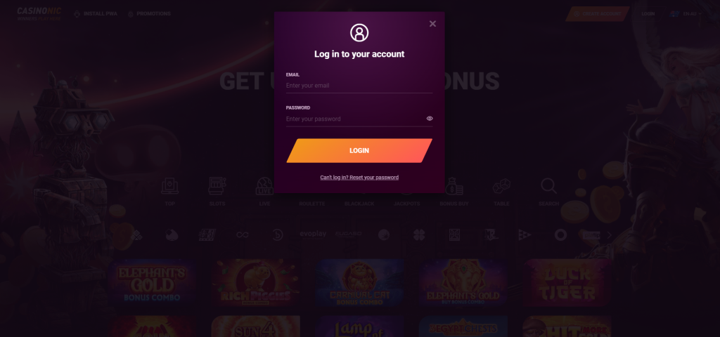 Casinonic casino login form.