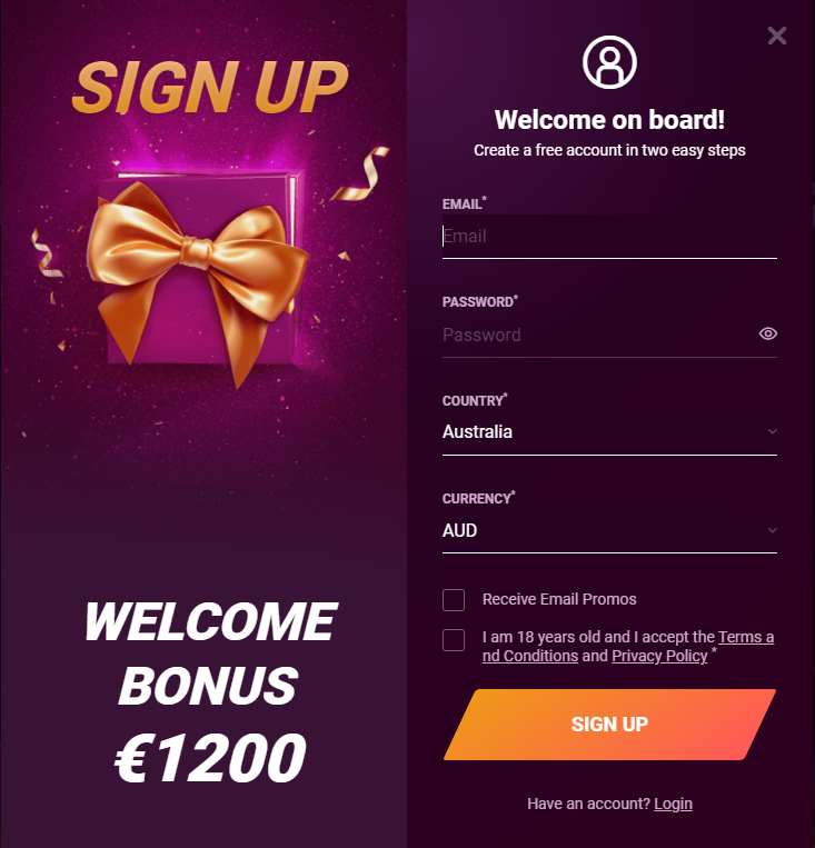 Casinonic casino registration form.